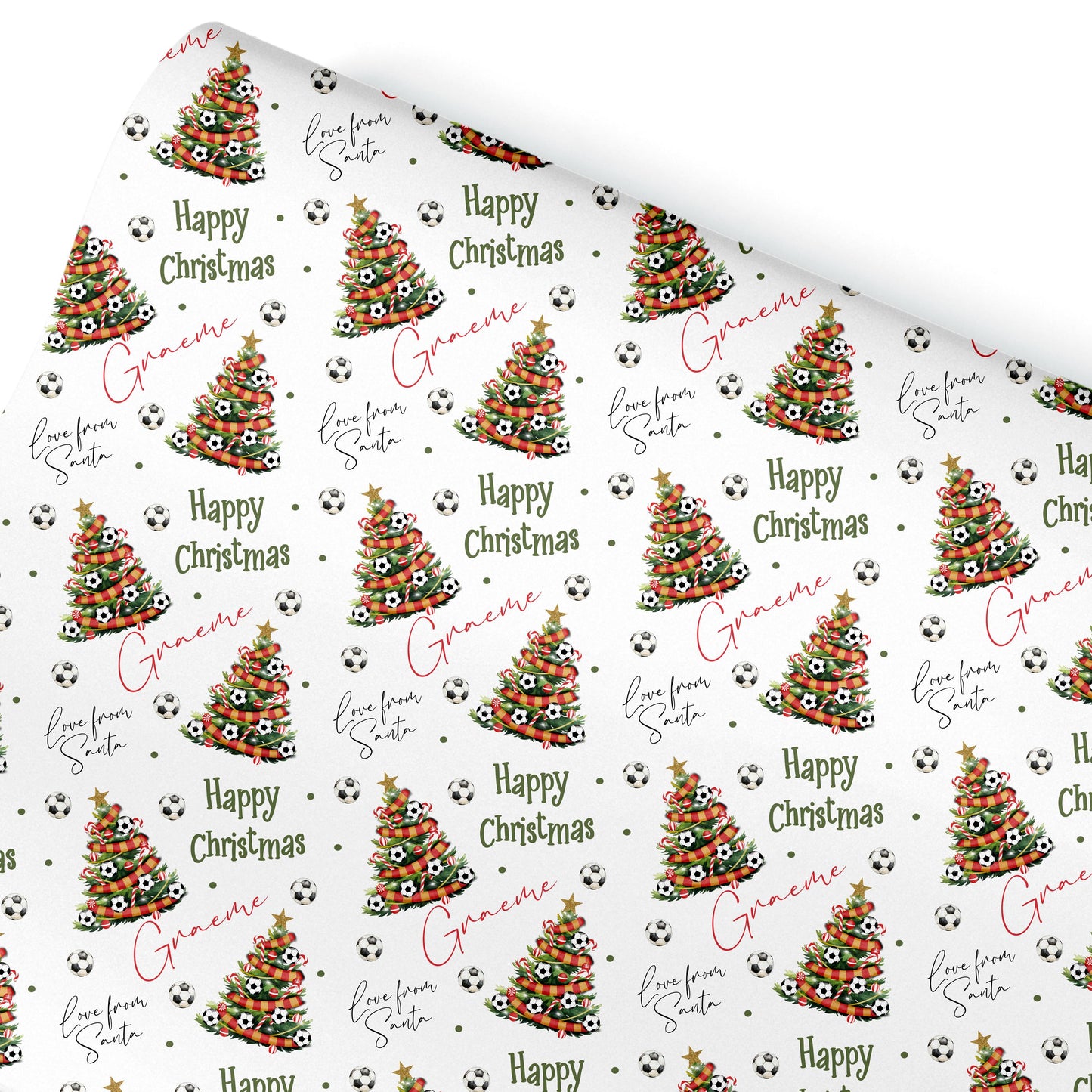 Personalised Christmas Gift Wrap – Football Christmas Tree Design, Footie Red and Yellow Scarf