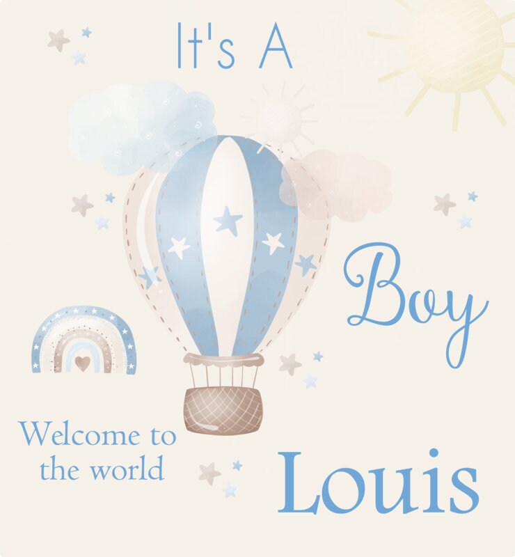 Personalised congratulations new baby boy gift bag watercolour hot air balloon