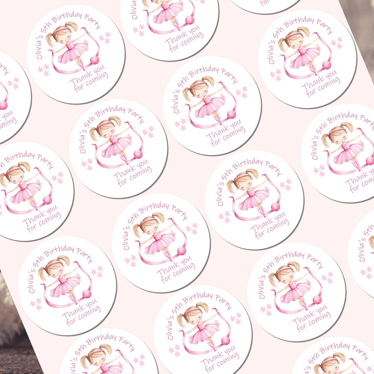 Personalised Birthday Party Stickers Gymnastic girl Dancer Party Favours Party Bags girls party Ballet Stickers