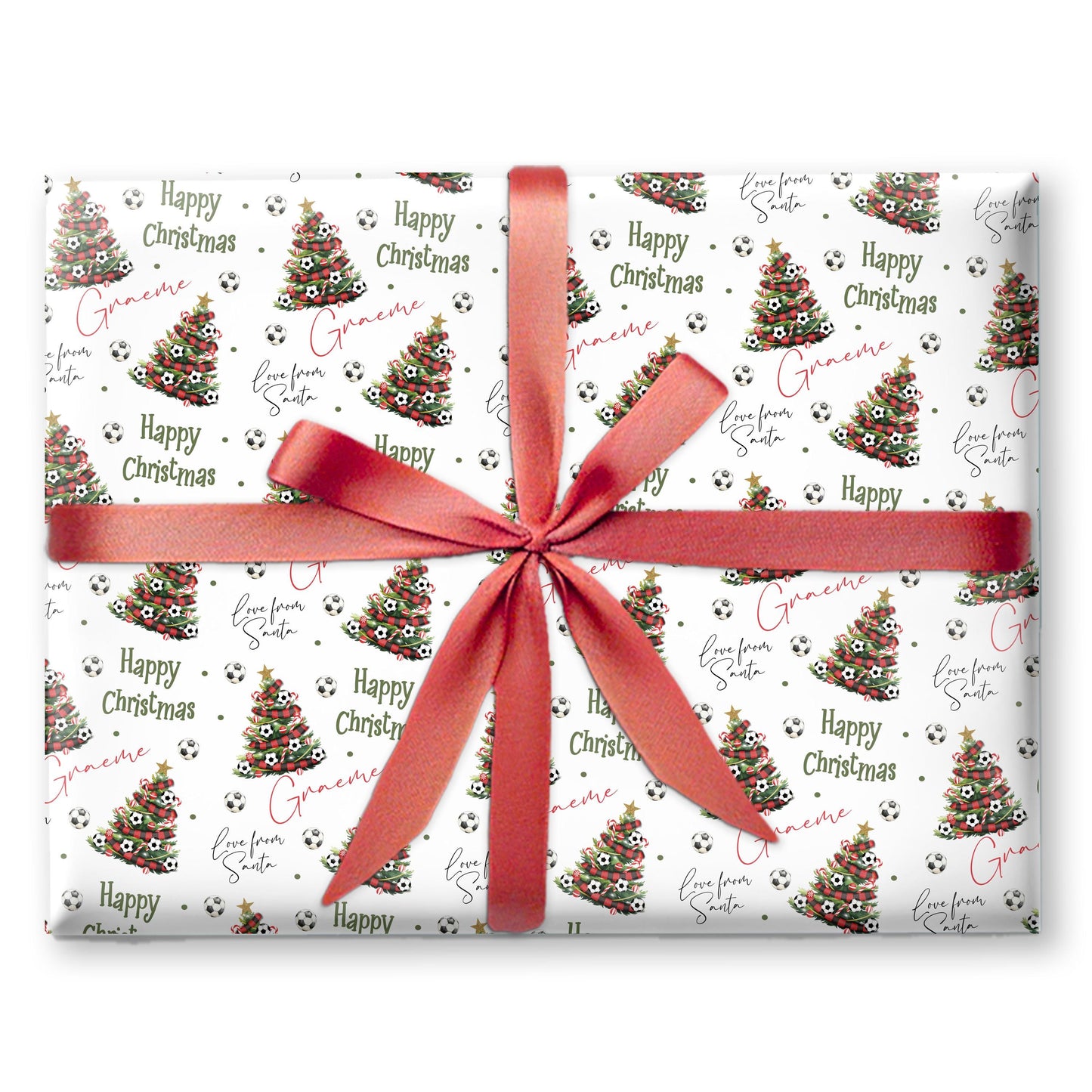 Personalised Christmas Gift Wrap – Football Christmas Tree Design, Footie Black and Red Scarf