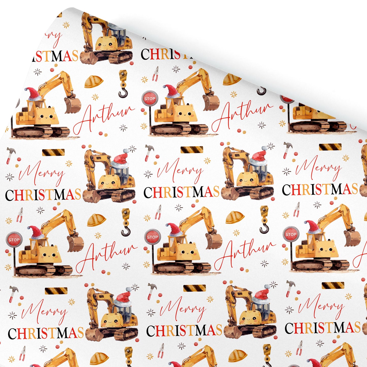 Childrens Tractor Christmas Wrapping Paper, Cute Diggers, Personalised Boys Paper
