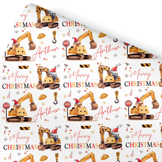Childrens Tractor Christmas Wrapping Paper, Cute Diggers, Personalised Boys Paper