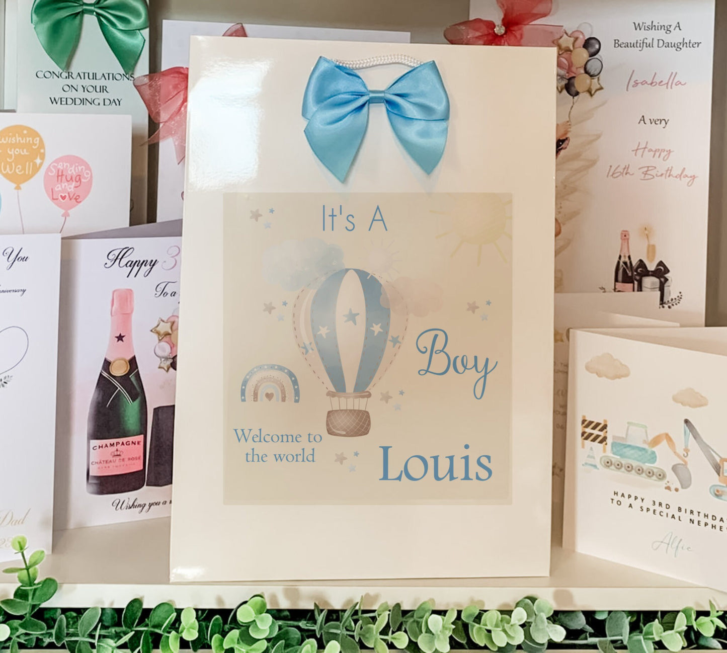 Personalised congratulations new baby boy gift bag watercolour hot air balloon