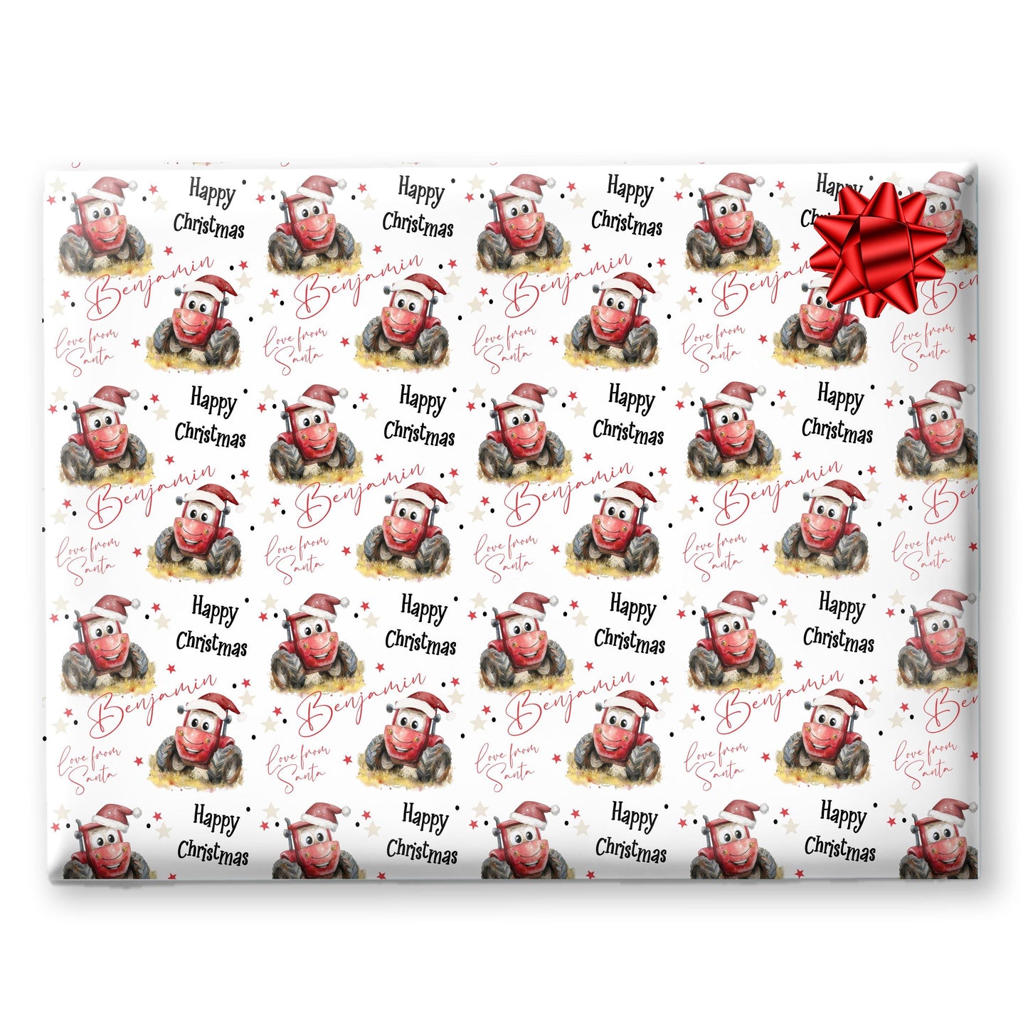 Personalised Christmas Gift Wrap – Children’s Wrapping Paper Fun Red Smiley Face Tractor Design