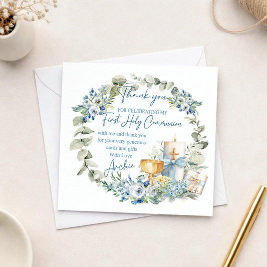 Personalised Holy Communion Thank You Cards, Chalice design, Includes Envelopes