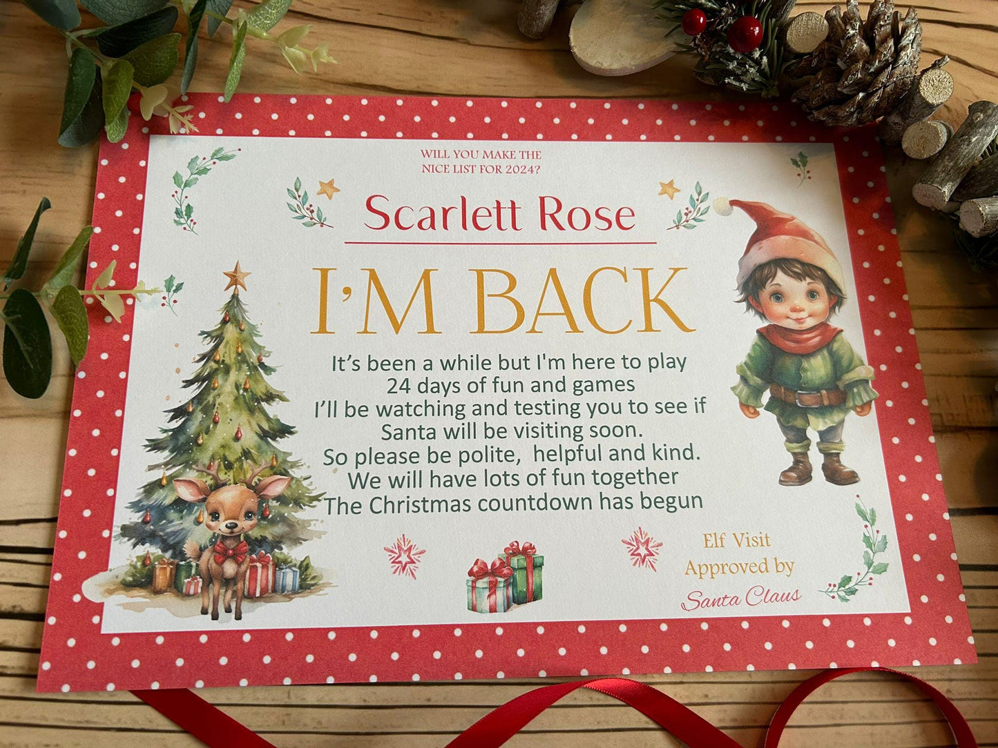 Personalised A4 Elf I'm Back letter Elf Goodbye nice list certificate christmas eve box filler Santas Good List Elf Mischief