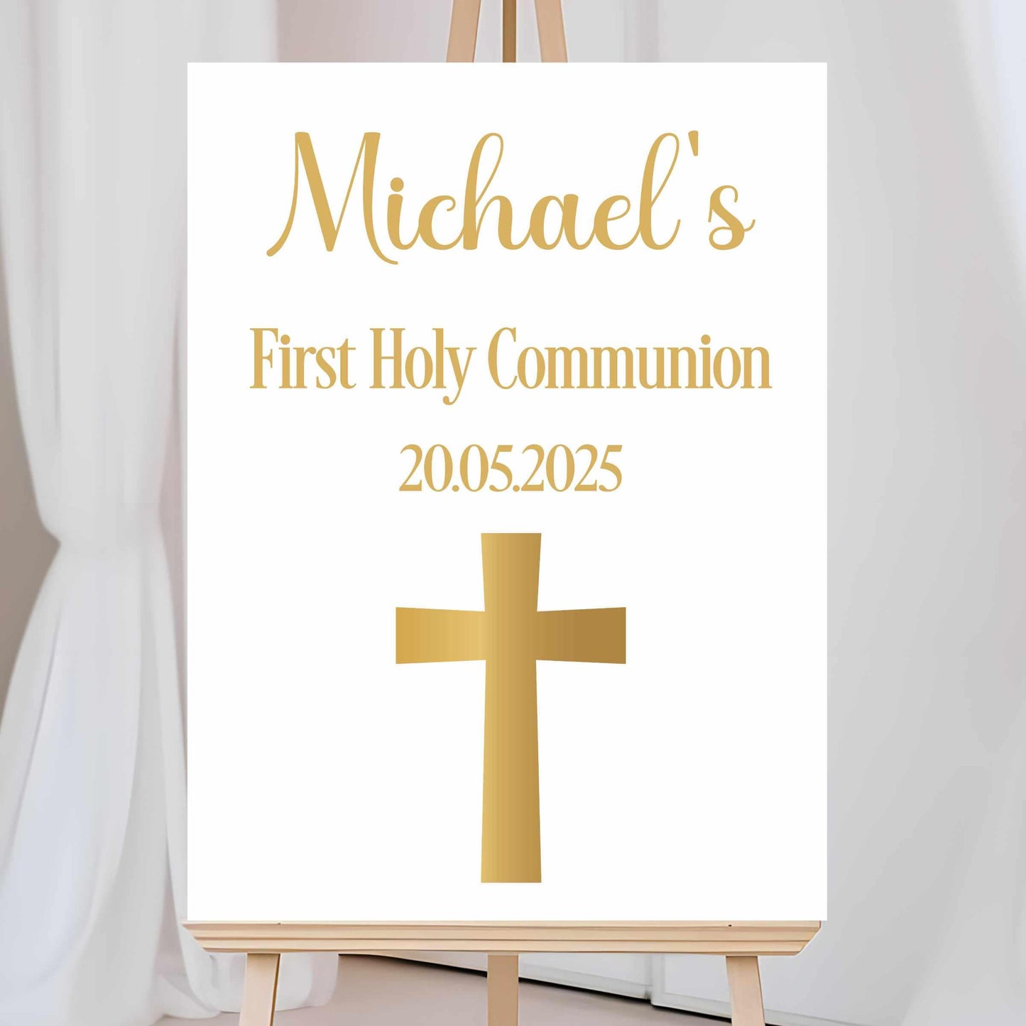 Printed Personalised First Holy Communion Welcome Sign, Custom Baptism & Christening Sign, Pink Cross