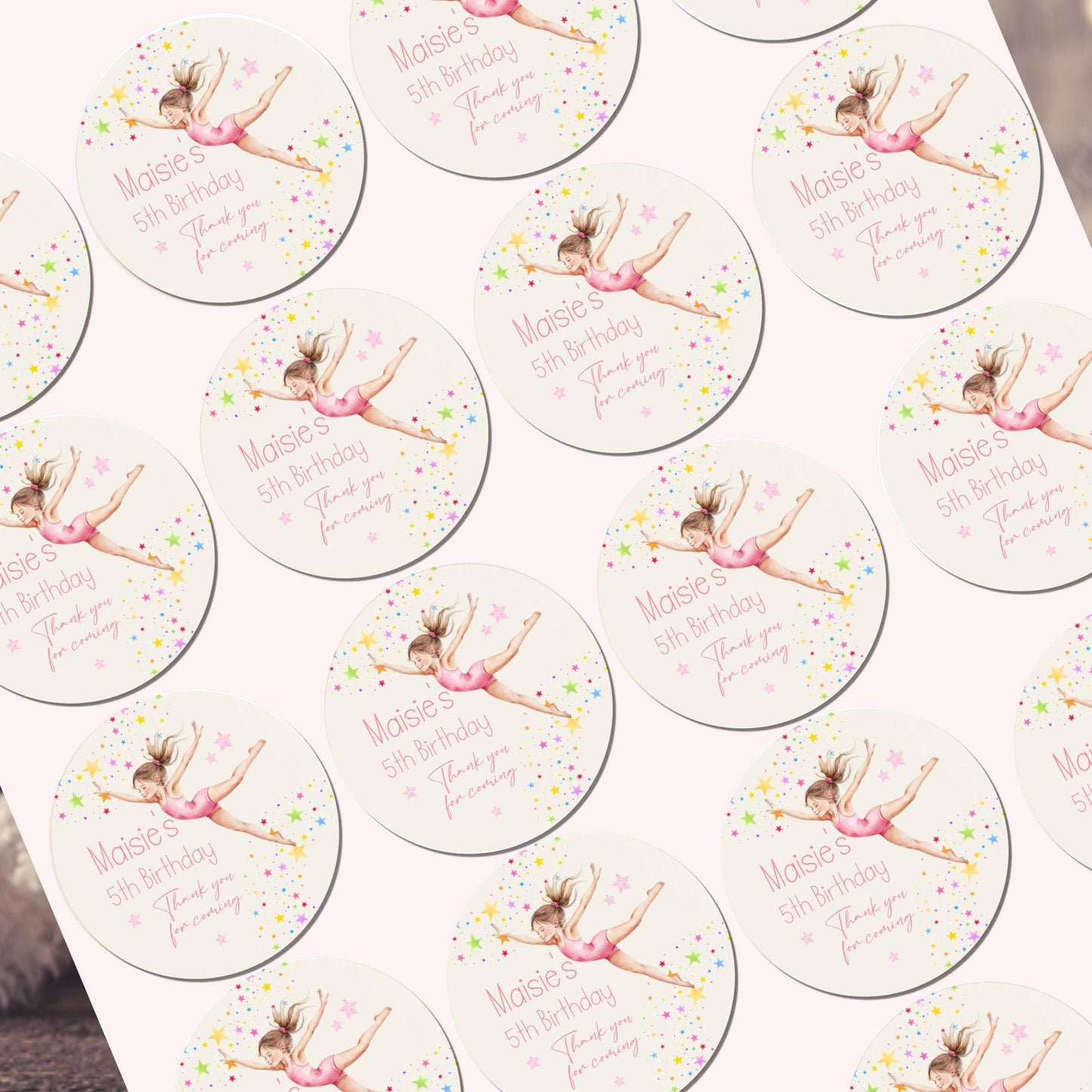 Personalised Birthday Party Stickers Gymnastic girl Dancer Party Favours Party Bags girls party Ballet Stickers