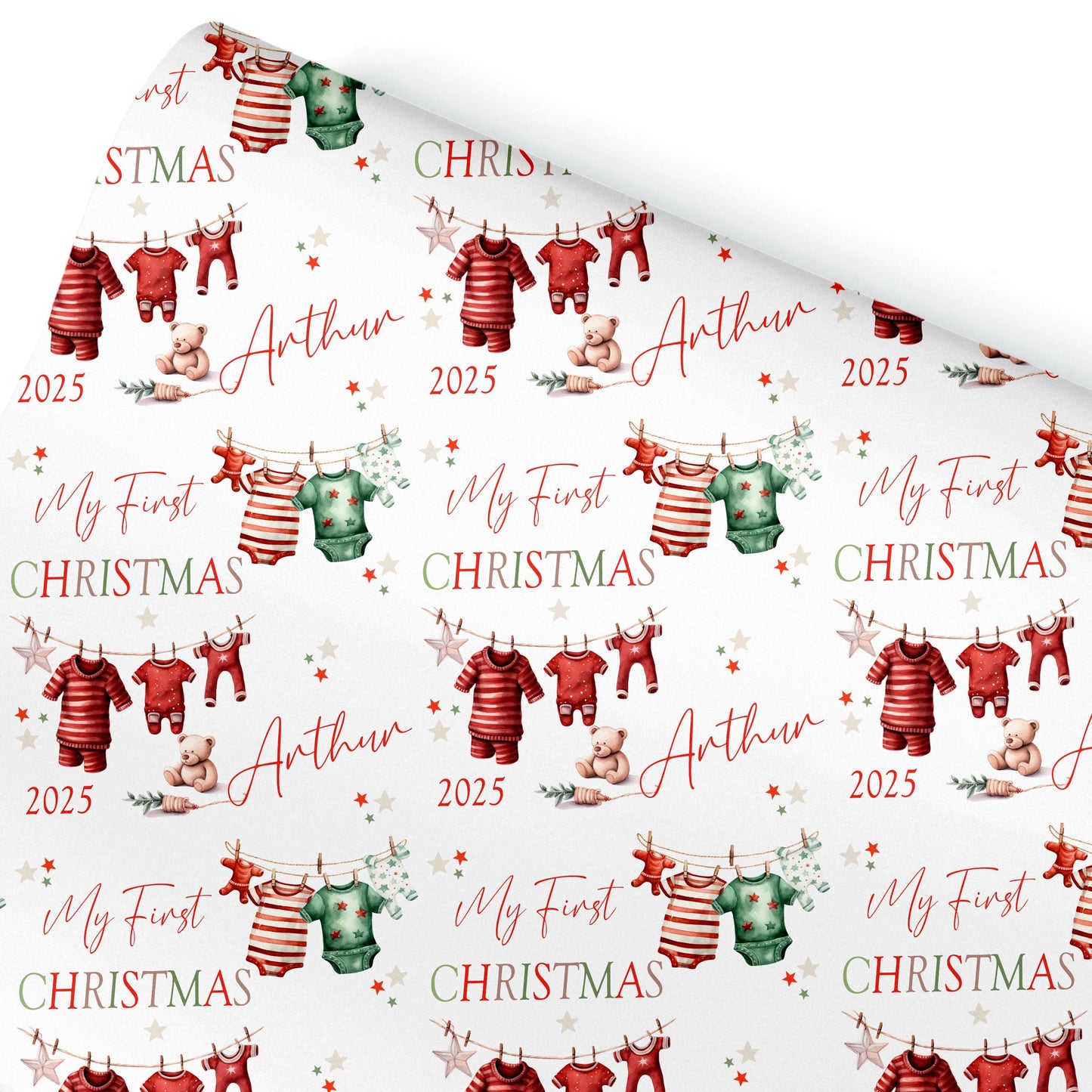 Baby's First Christmas Gift Wrap Wrapping Paper, Baby Gift Ideas Cute Washing Line wrapping paper , Personalised New Baby Christmas