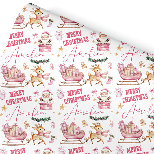 Personalised Gift Wrap | Personalised Christmas Wrapping Paper | Personalised Gift Wrap | Fun Gift Wrap | Pink Reindeer Sleigh