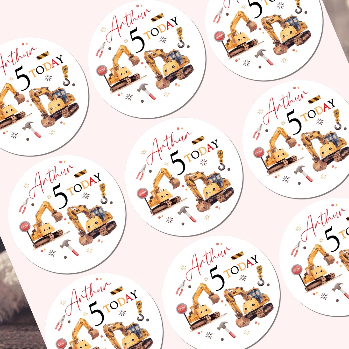 Personalised Digger Construction Party Stickers for Favours Party Bags Boys Girls Trucks Toy Cars