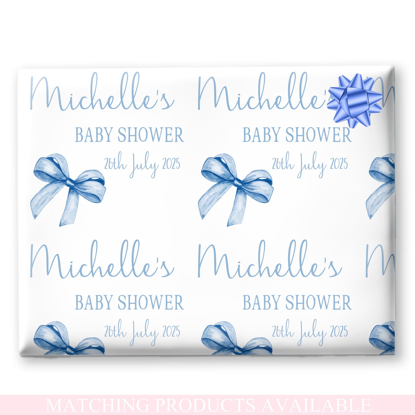 Personalised Baby Shower, New Baby Gift Wrapping Paper Custom Name & Date Watercolour Blue Bow Design