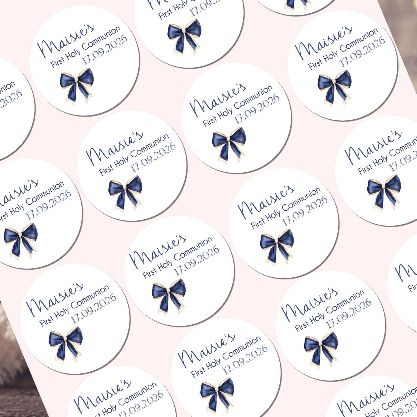 Personalized First Holy Communion Stickers, Navy Bow Party Favors, Confirmation stickers