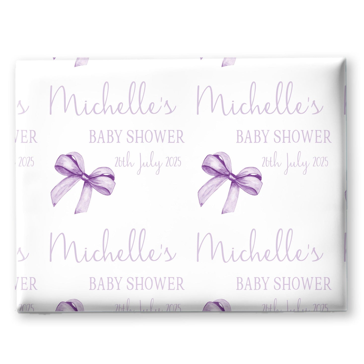 Personalised Baby Shower, New Baby Gift Wrapping Paper Custom Name & Date Watercolour Lilac Bow Design