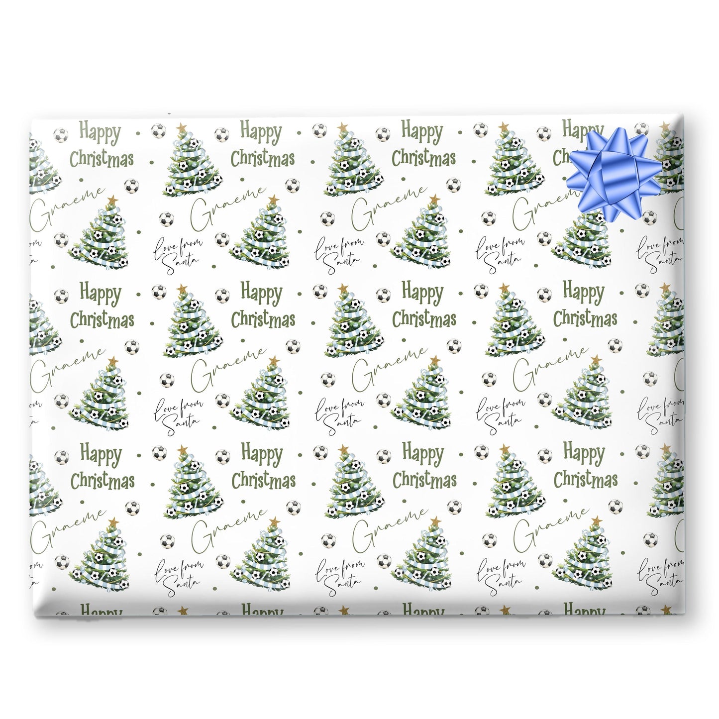 Personalised Christmas Gift Wrap – Football Christmas Tree Design, Footie Blue and White