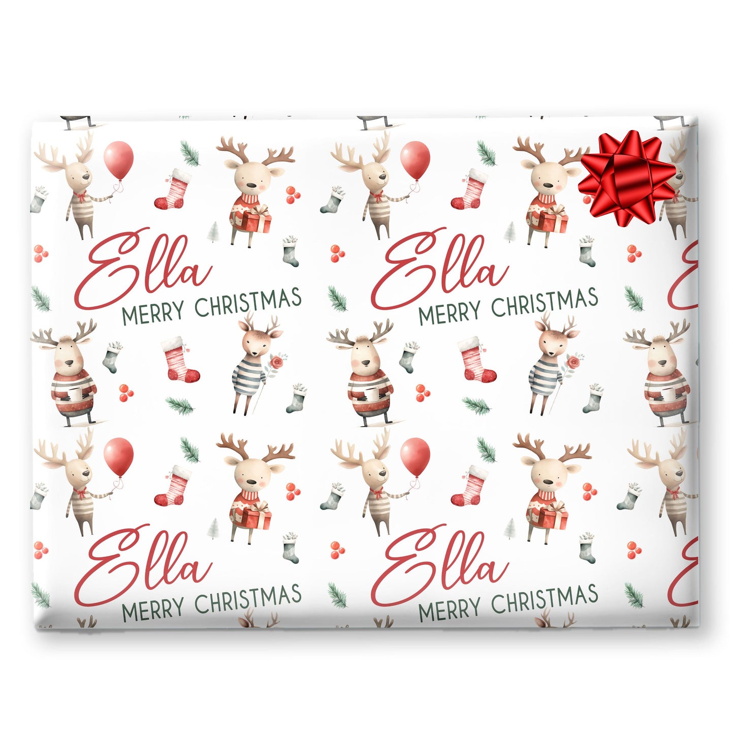 Childrens Gift Wrap Wrapping Paper, Santa & Reindeer Design, Personalised Boys and Girls Paper, Novelty Gift Wrap Roll