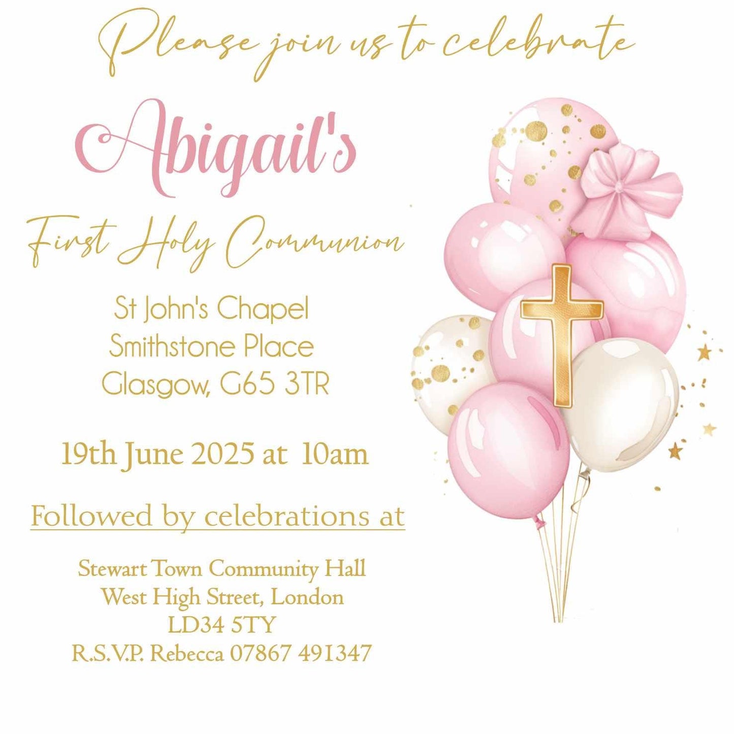 10 Printed Personalised First Holy Communion Invitations, Baptism or Confirmation Party, Girls Pink