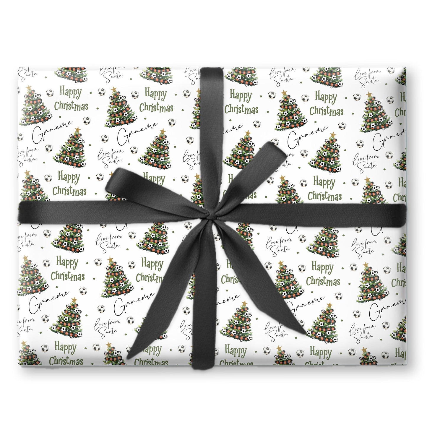 Personalised Christmas Gift Wrap – Football Christmas Tree Design, Footie Black and Orange Scarf- teen gift wrap paper