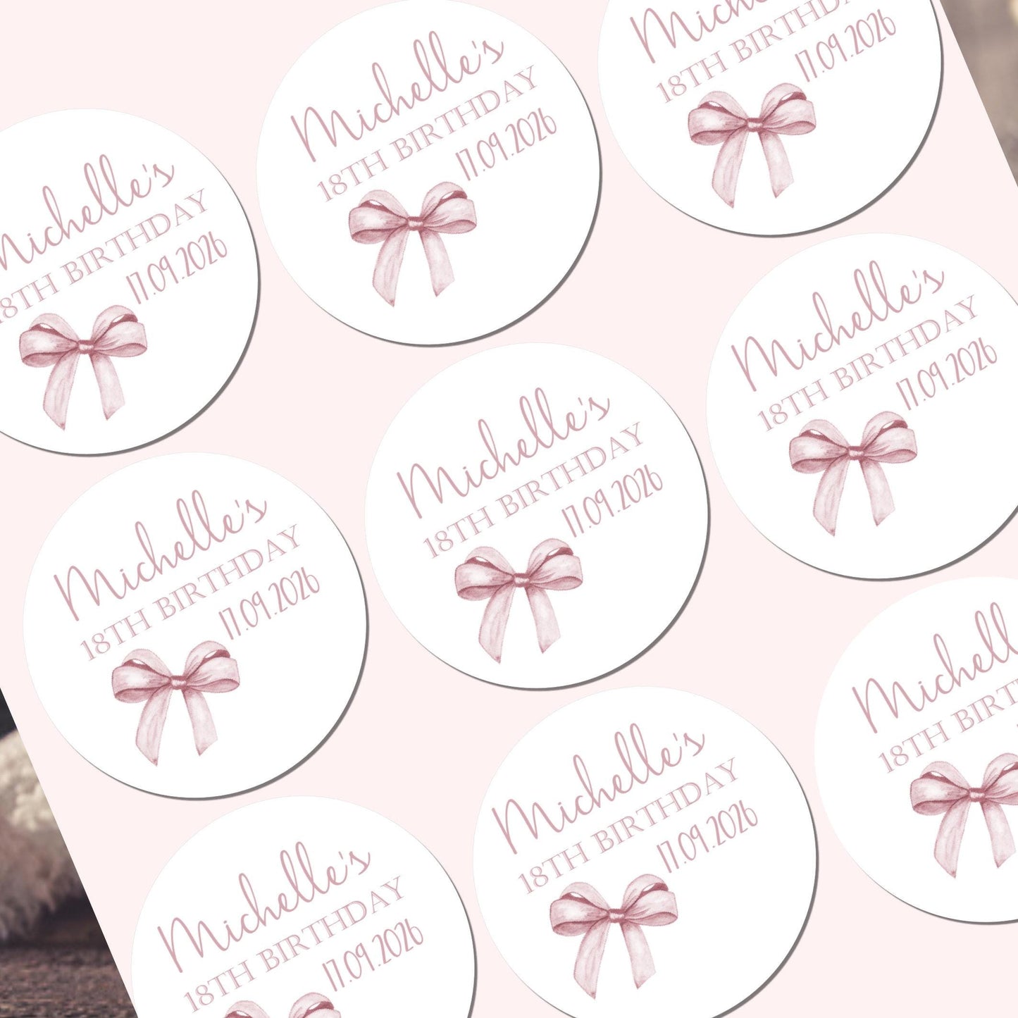 Personalised Birthday Stickers for Favours Party Bags Watercolour bow 16th 18th 21st Any Age