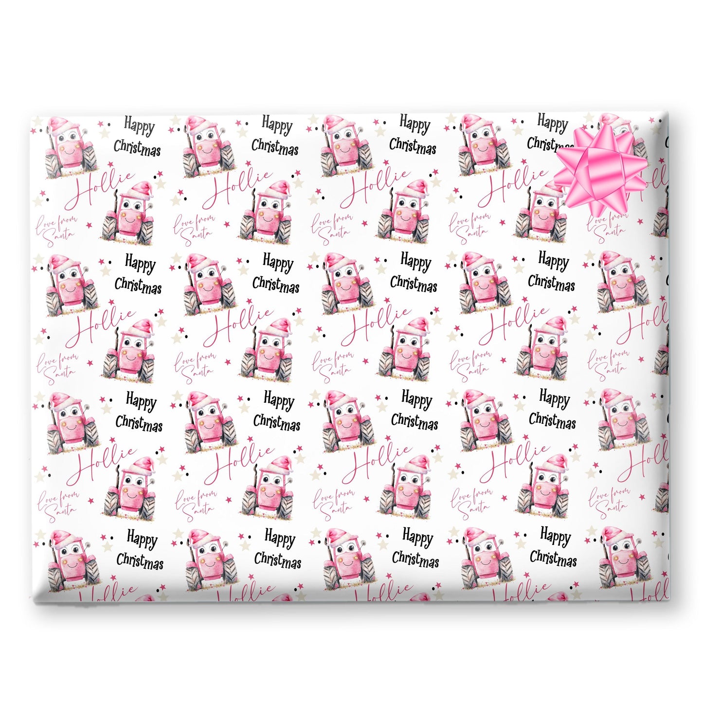 Personalised Christmas Gift Wrap – Children’s Wrapping Paper Fun Pink Smiley Face Tractor Design