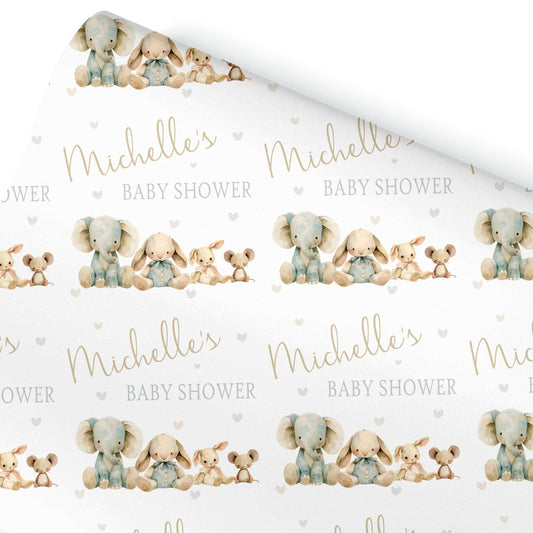 Personalised Baby Shower, New Baby Gift Wrapping Paper Custom Name & Date Watercolour Teddy Bear Animals