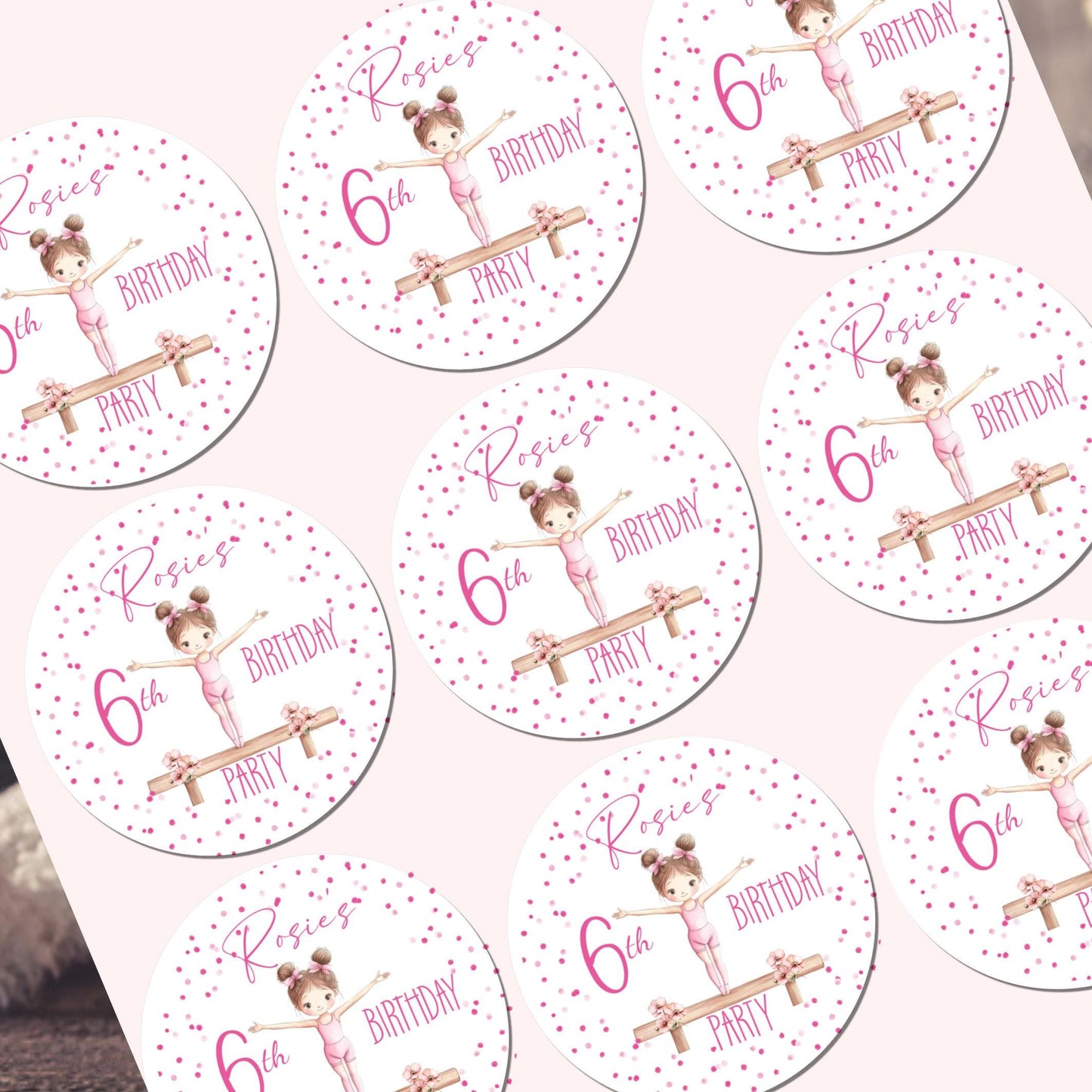 Personalised Birthday Party Stickers Gymnastic girl Dancer Party Favours Party Bags girls party