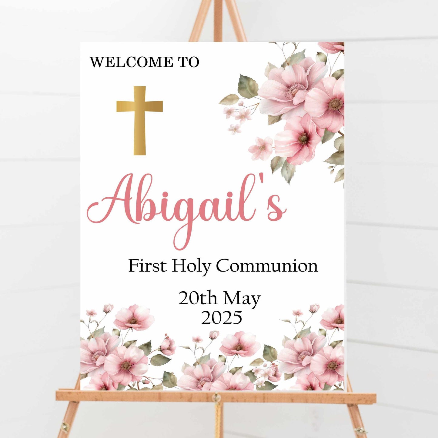 Printed Personalised First Holy Communion Welcome Sign, Custom Baptism & Christening Sign, Pink Floral