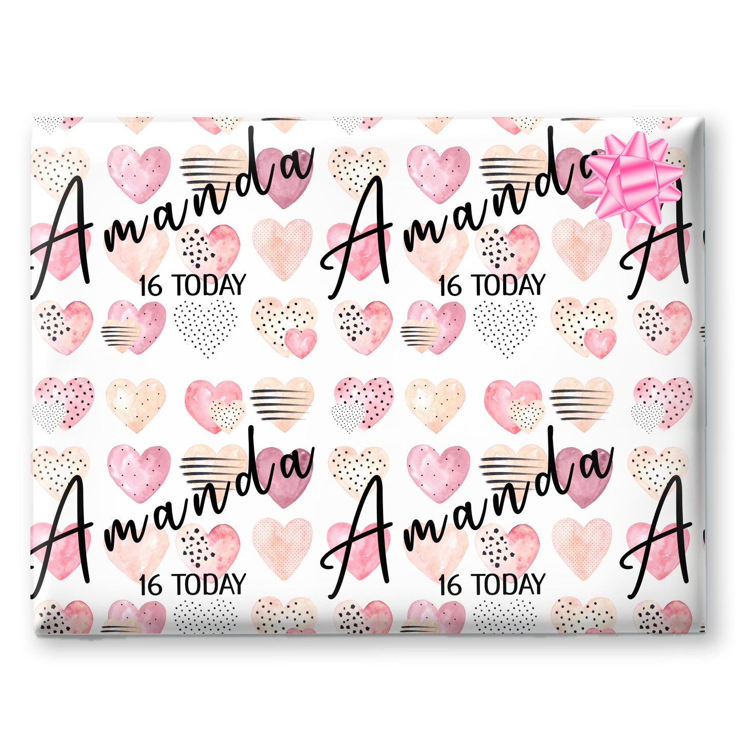 Personalised Gift Wrapping Paper,  Custom Name Age Pink Hearts