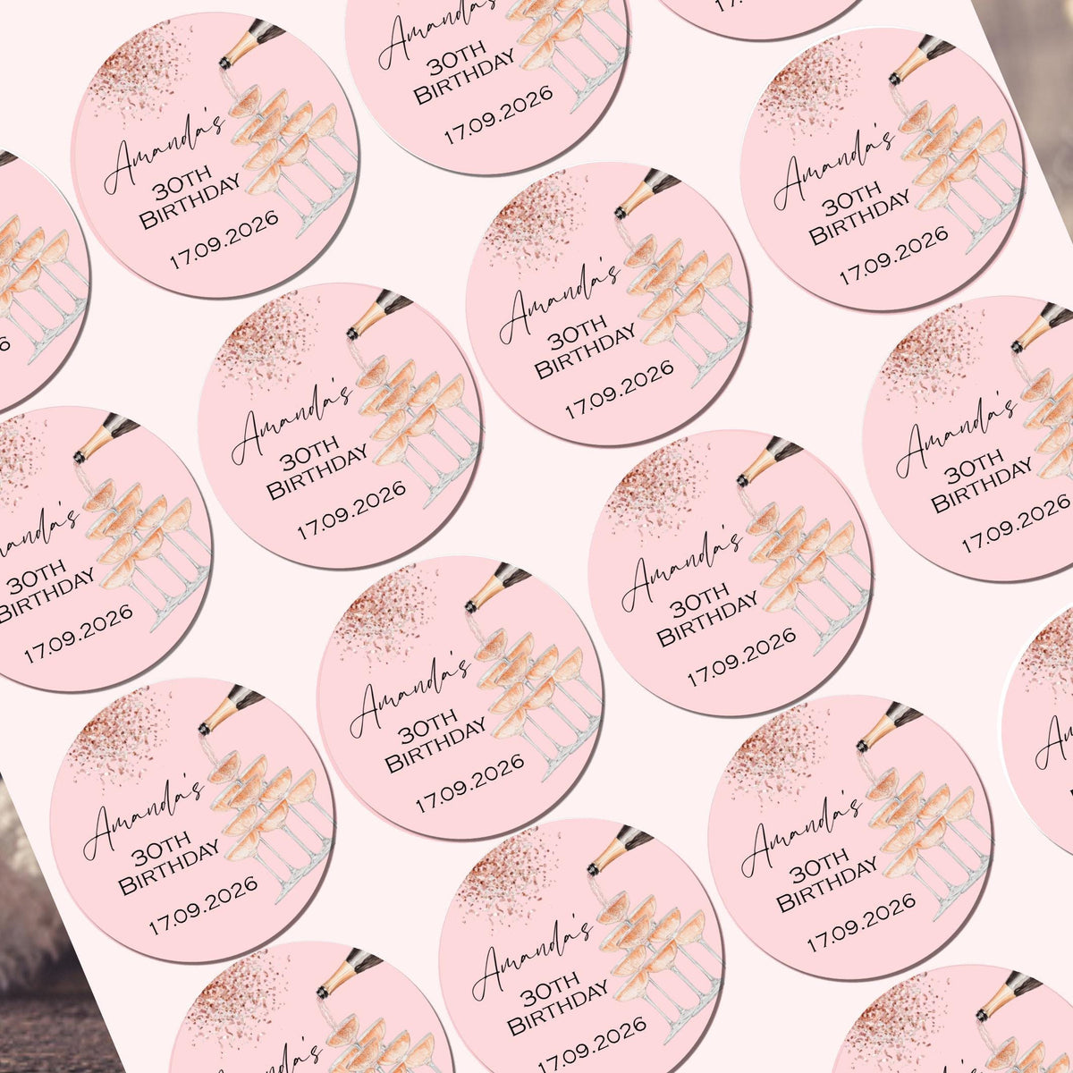 Personalised Birthday Stickers for Favours Party Bags Birthday Cake Seals Birthday Labels Celebration stickers Champagne stickers