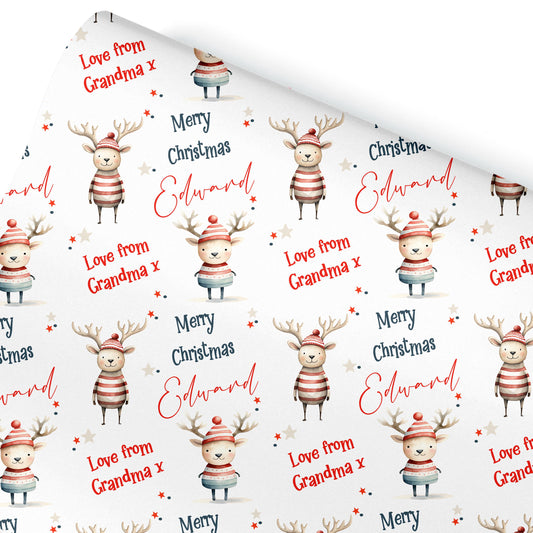 Childrens Gift Wrap Wrapping Paper, Cute Reindeers, Personalised Boys and Girls Paper, Novelty Gift Wrap Roll