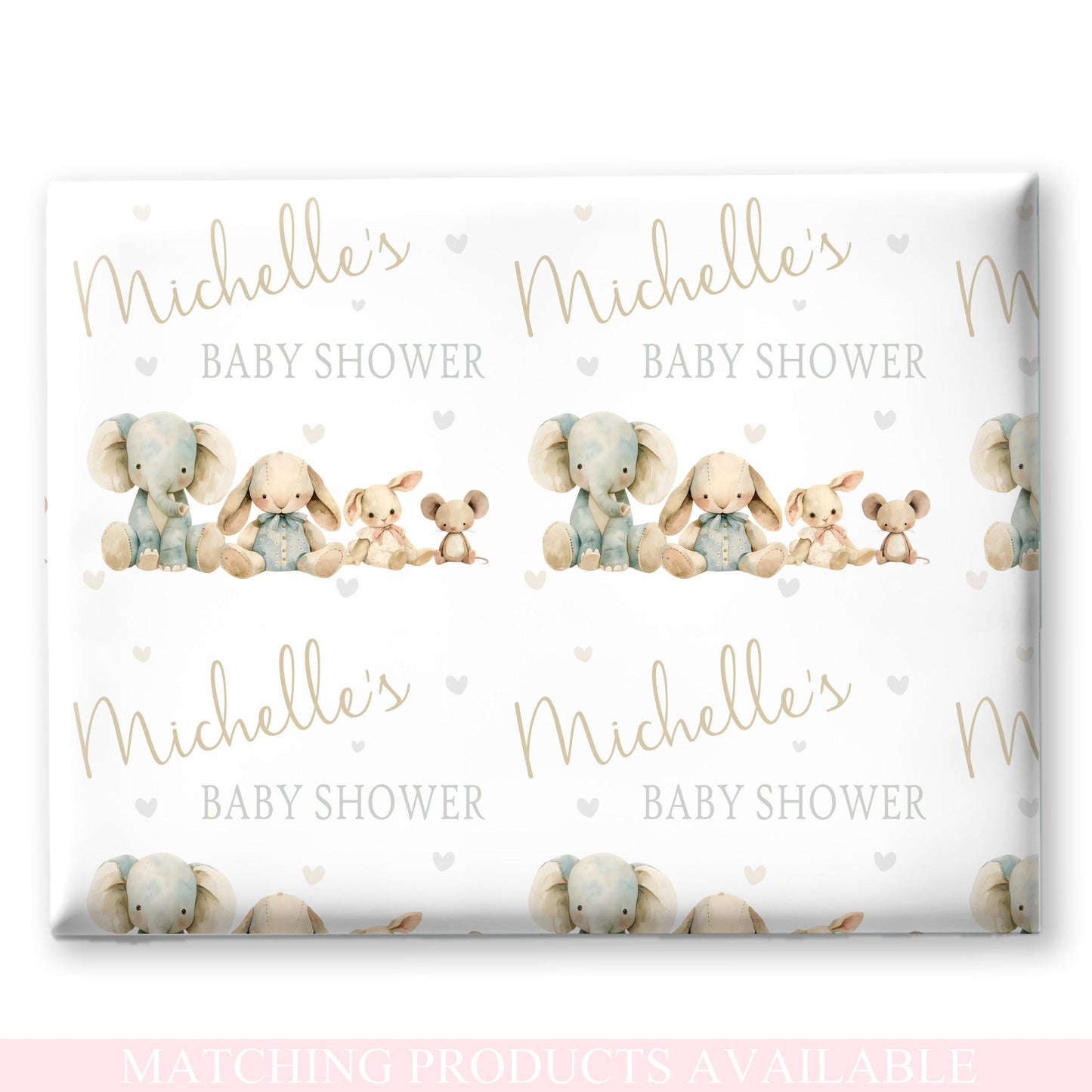 Personalised Baby Shower, New Baby Gift Wrapping Paper Custom Name & Date Watercolour Teddy Bear Animals