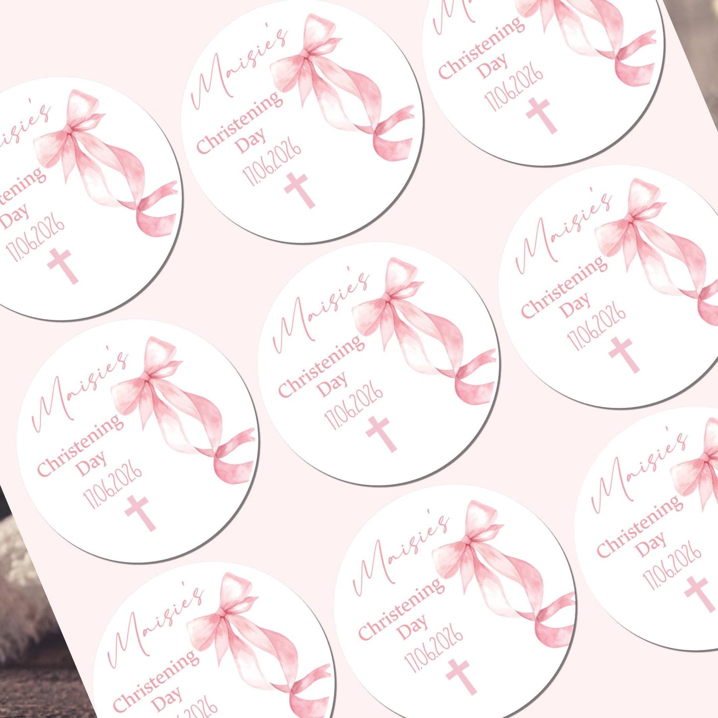 Personalized Christening Stickers, Pink Bow Party Favors Baptism Stickers
