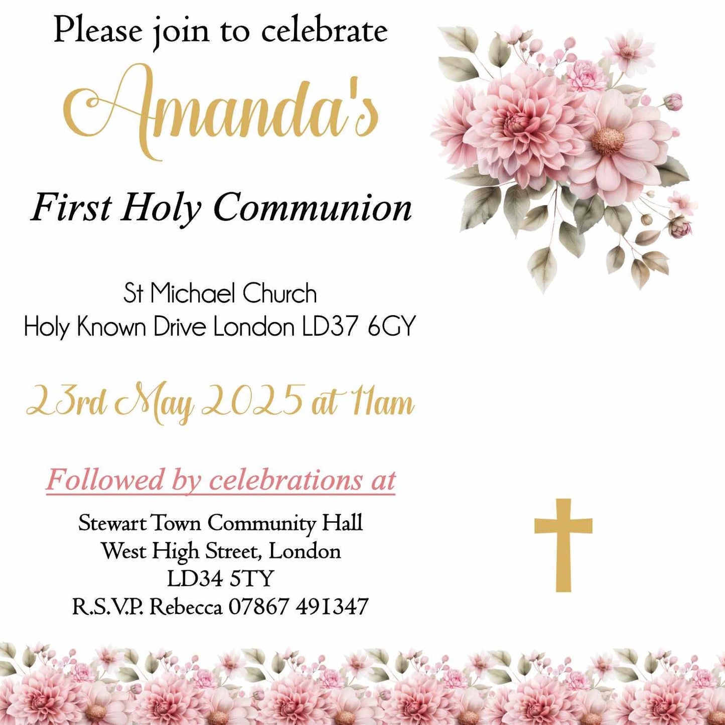 10 Printed Personalised First Holy Communion Invitations, Baptism or Confirmation Party
