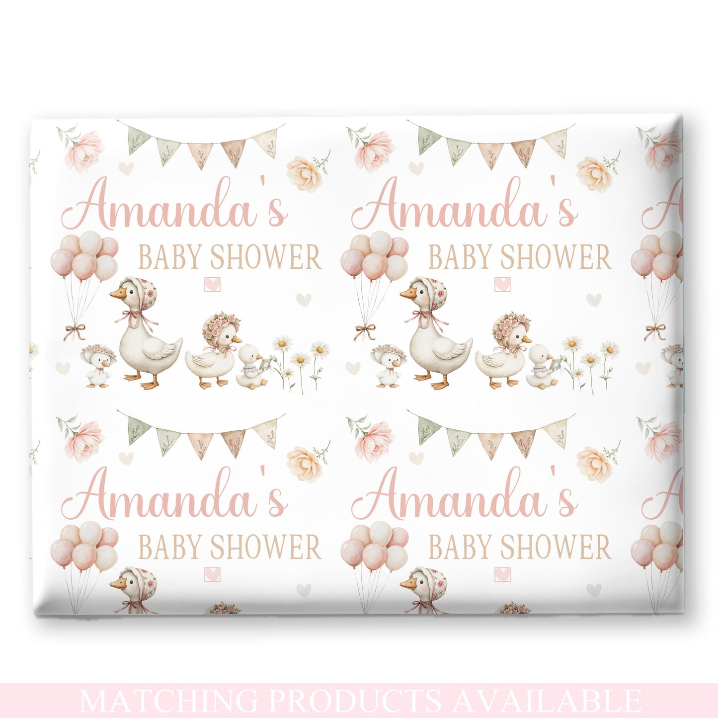 Personalised Baby Shower, New Baby Gift Wrapping Paper Custom Name & Date Watercolour Ducks Design