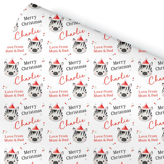Christmas Gift Wrapping Paper,Personalised Girls or Boys Paper, Gift Wrap Zebra Childrens