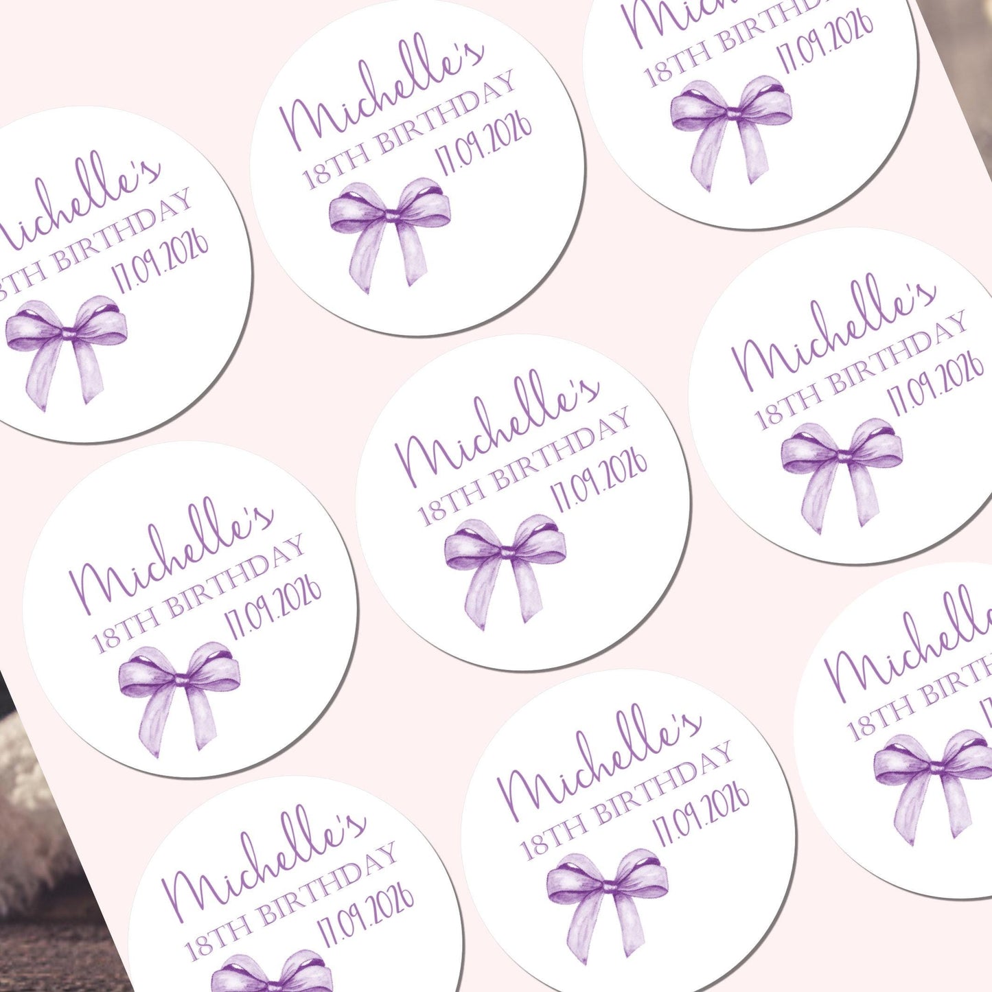Personalised Birthday Stickers for Favours Party Bags Watercolour bow 16th 18th 21st Any Age