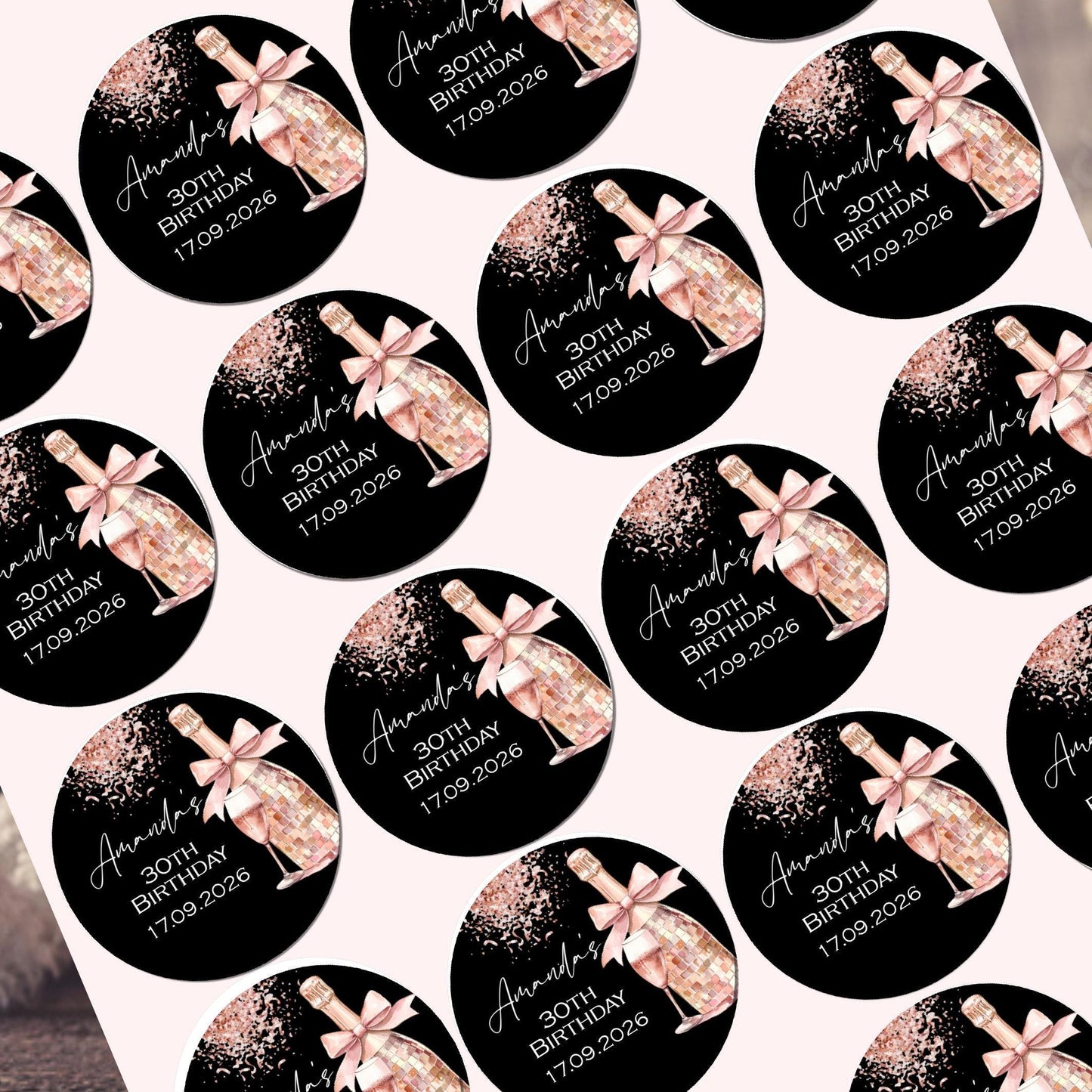 Personalised Birthday Stickers for Favours Party Bags Birthday Cake Seals Birthday Labels Celebration stickers Champagne stickers