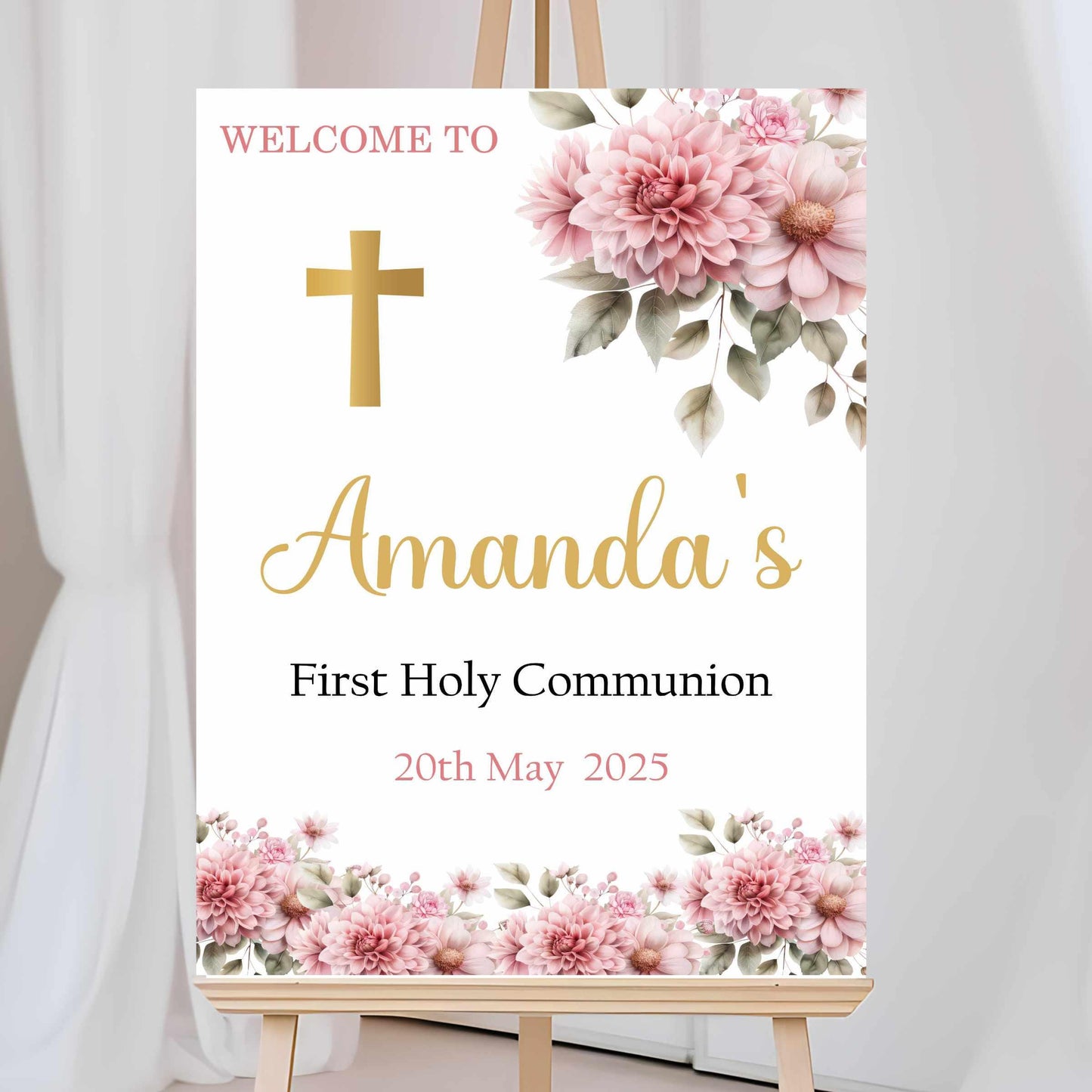Printed Personalised First Holy Communion Welcome Sign, Custom Baptism & Christening Sign, Pink Floral