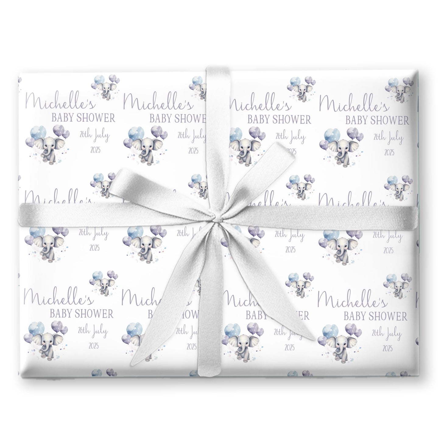 Personalised Baby Shower, New Baby Gift Wrapping Paper Custom Name & Date Watercolour Elephant Design, Christening wrapping paper