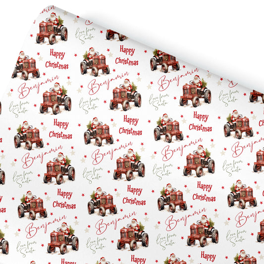 Personalised Christmas Gift Wrap – Children’s Santa Claus Tractor Design-Farm Yard Wrapping Paper