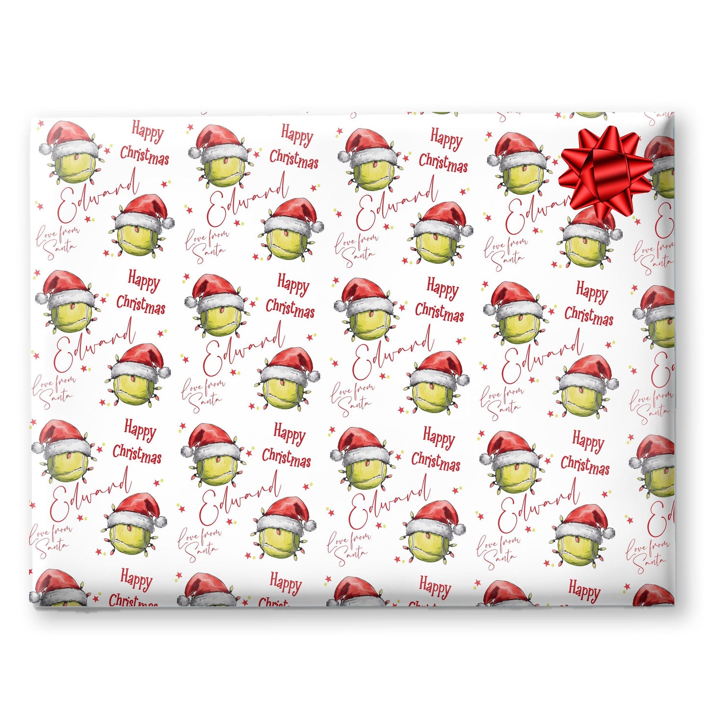 Personalised Christmas Gift Wrap – Tennis Ball Santa Hat Design, Sports Gift Wrapping Paper