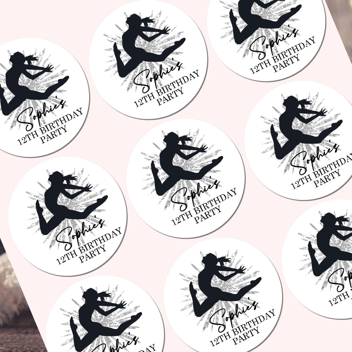 Personalised Birthday Party Stickers Gymnastic girl Dancer Party Favours Party Bags girls party Ballet Stickers Dancing stickers
