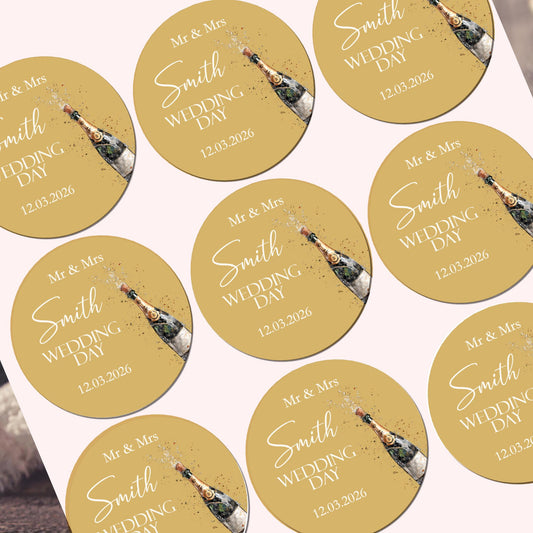 Personalised Wedding Stickers, Watercolour Champagne Bottle Design, Favor Labels