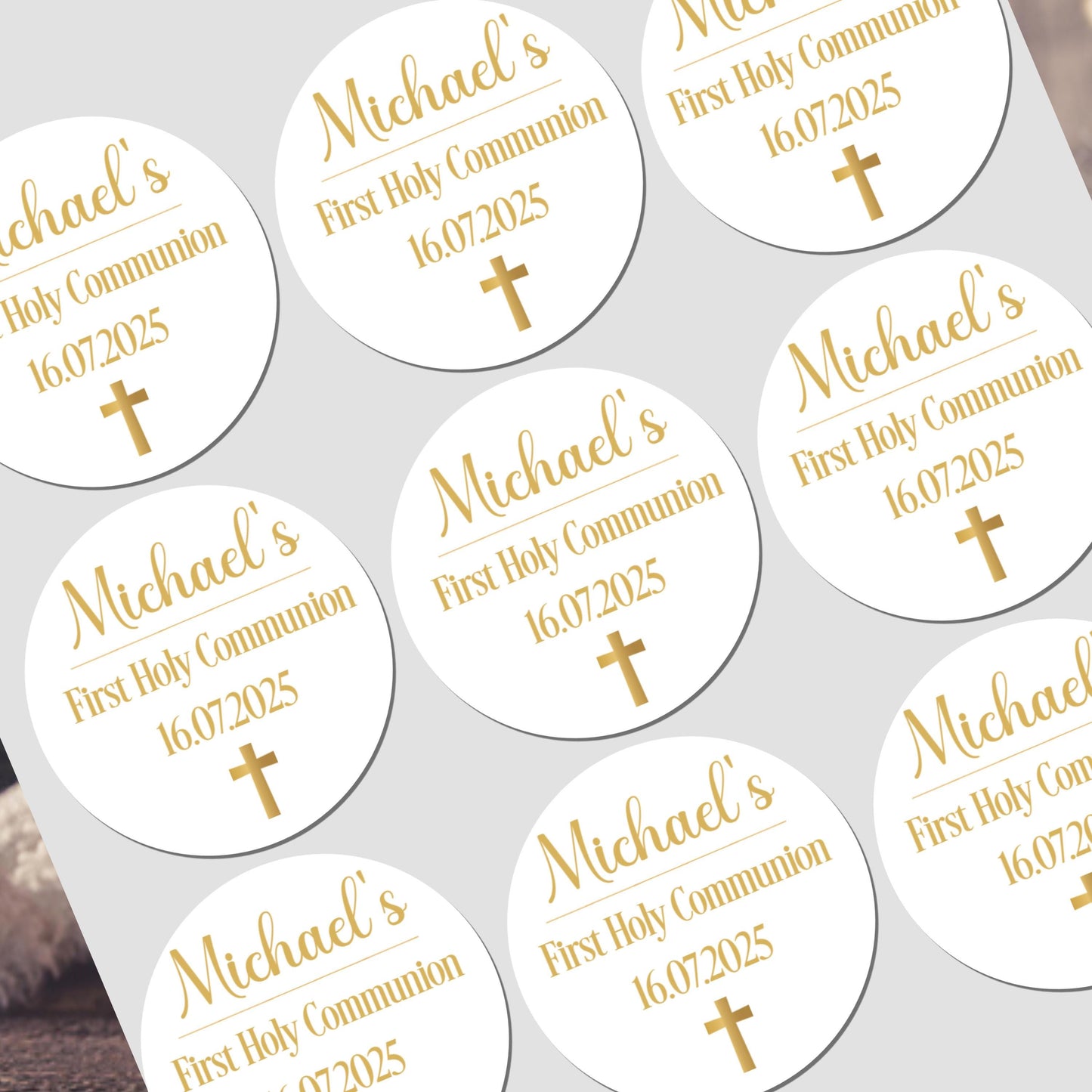 GLOSS Personalised First Holy Communion Stickers, Party Bag Stickers, Sweet Cone Bags, Christening, Baptism