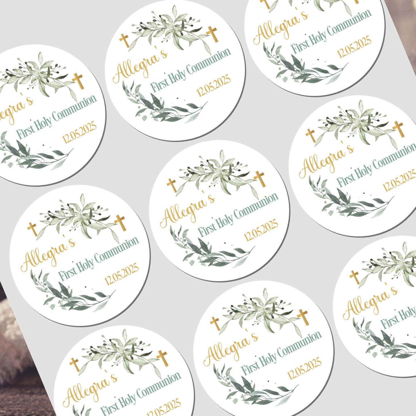 Personalised First Holy Communion Stickers, Party Bag Stickers, Sweet Cone Bags, Christening, Baptism