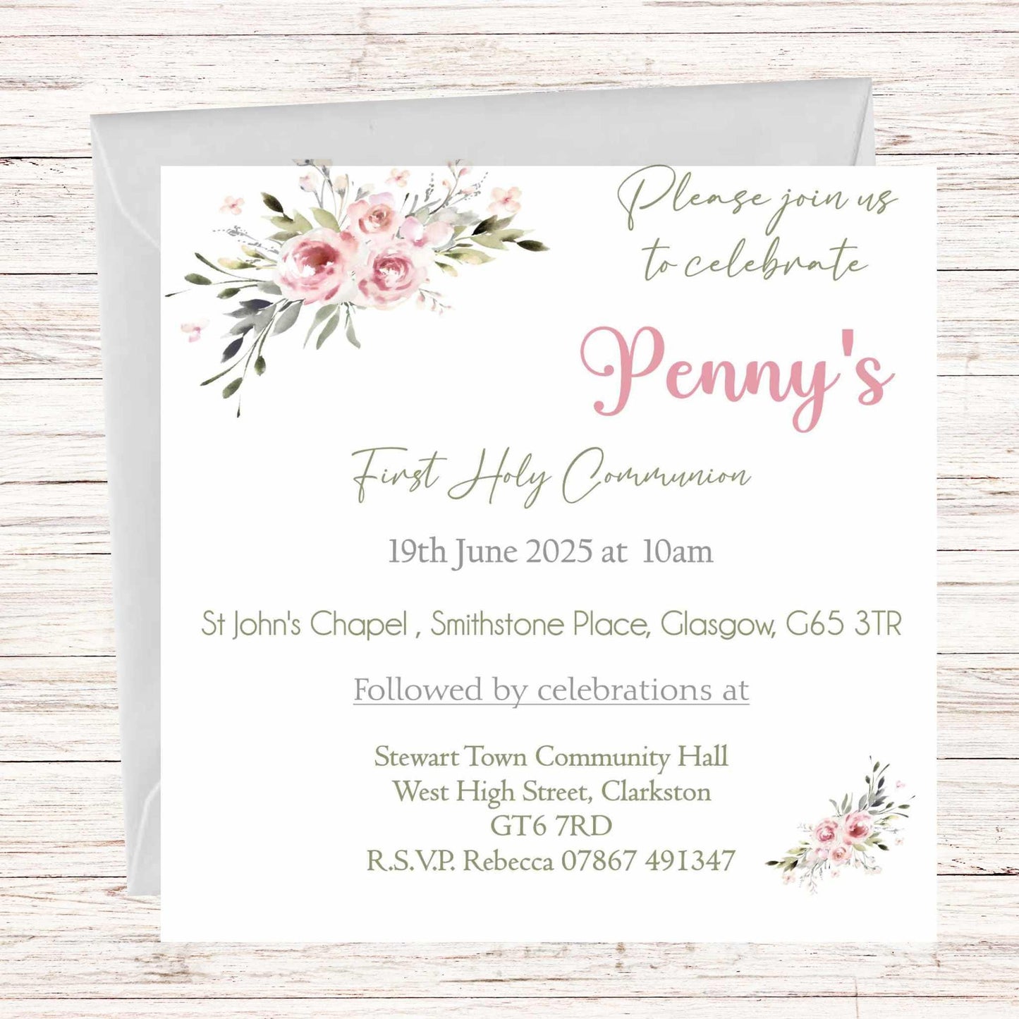10 Printed Personalised First Holy Communion Invitations, Baptism or Confirmation Party, Girls Pink