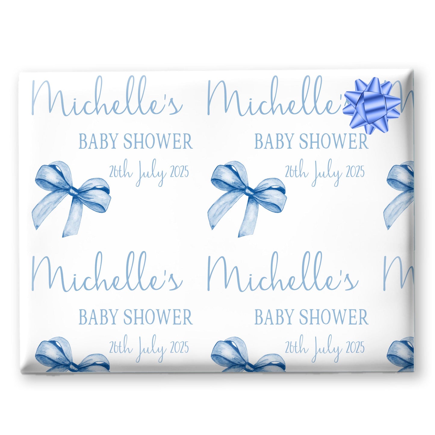 Personalised Baby Shower, New Baby Gift Wrapping Paper Custom Name & Date Watercolour Blue Bow Design