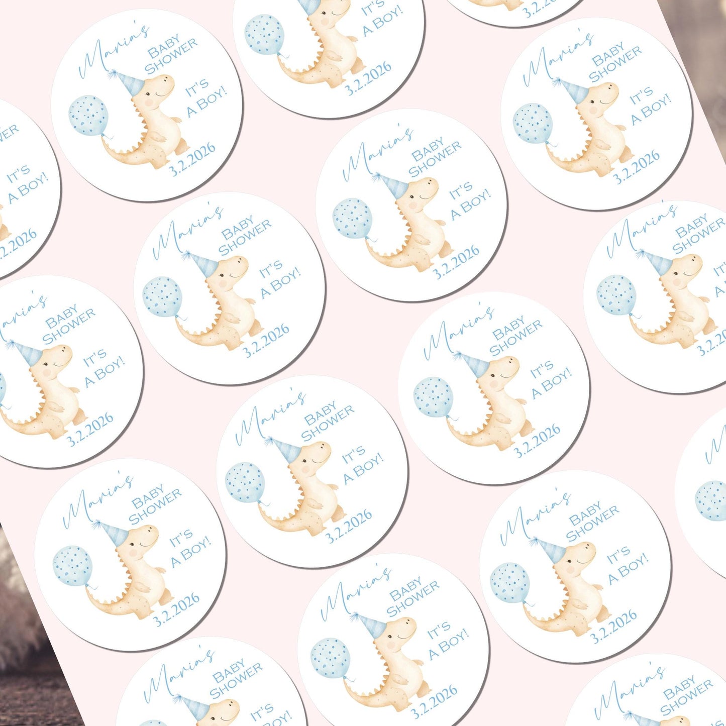 Personalised Baby Shower Stickers for Favours Party Bags Watercolour Dinosaur