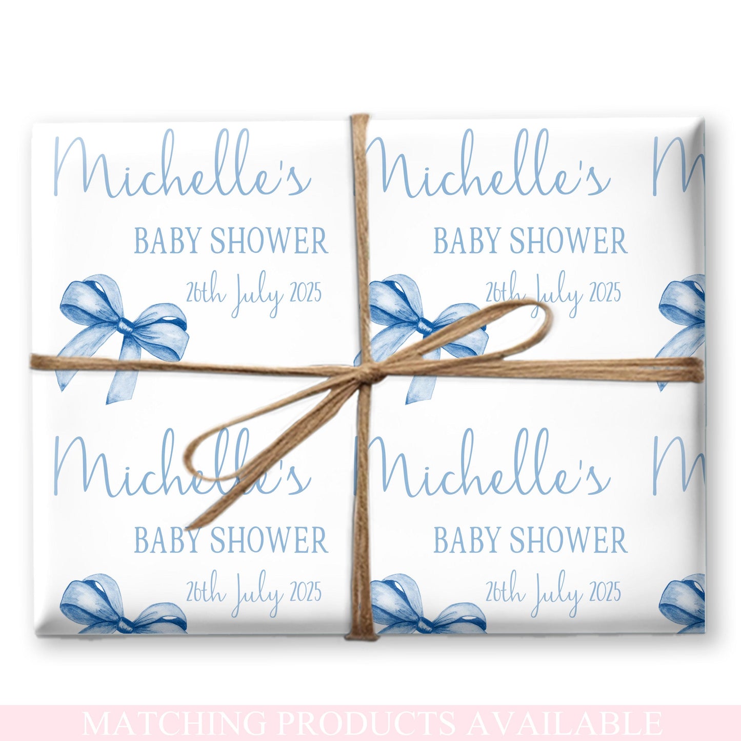 Personalised Baby Shower, New Baby Gift Wrapping Paper Custom Name & Date Watercolour Blue Bow Design