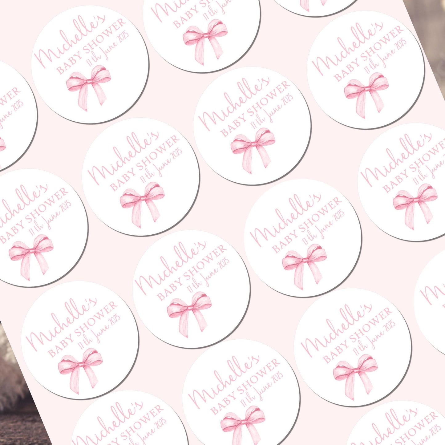 Personalised Baby Shower Stickers for Favours Party Bags Watercolour bow